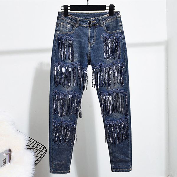 

stretch skinny jeans femme elastic denim jeans woman pencil pants skinny long pant with sequined tassel slim casual trousers, Blue