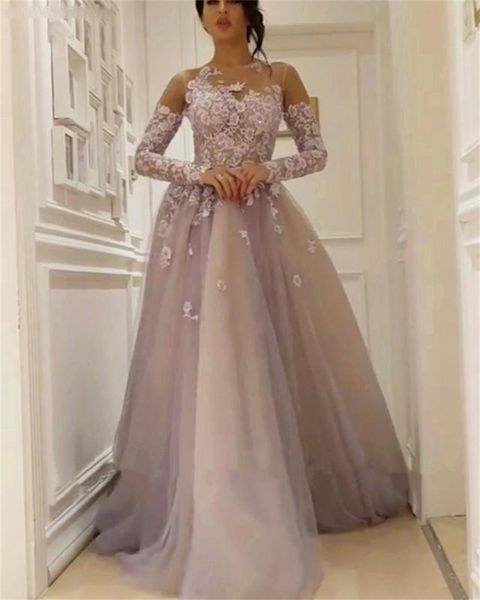 

vintage saudi arabic lilac evening dresses with long sleeves flowers appliques tulle sweep train prom party dresses, Black;red