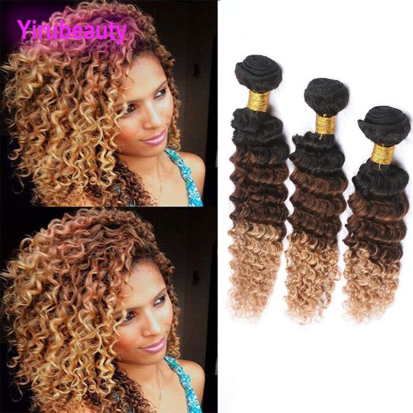 

brazilian virgin human hair ombre 1b/4/27 deep wave 3 bundles hair extensions double wefts deep curly three tones 1b 4 27, Black