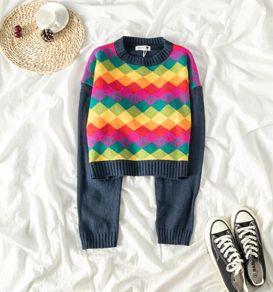 

autumn winter new korean diamond loose knit sweater women, White;black