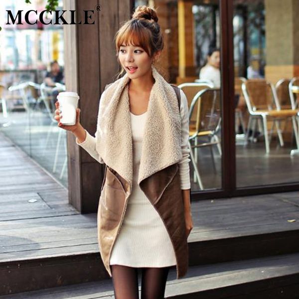 

mcckle women's fashion faux fur cardigan vest 2018 autumn winter female warm jackets woman medium long leather outwear gilet, Black