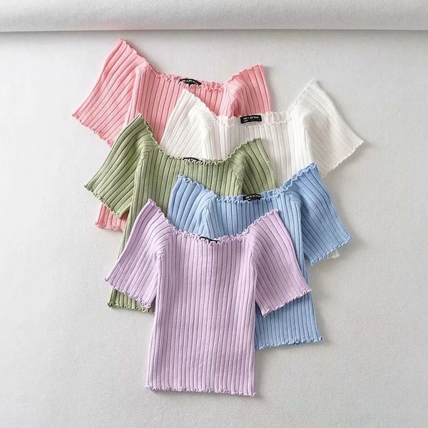 

2020 short-sleeved t-shirt with one-line collar female t-shirt short skirt skirt ins short wooden ear knitted shoulder-exposed top, White