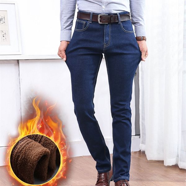 

icpans winter plus velvet denim jeans for men straight stretch fleece thick warm black jeans men's business trousers male, Blue