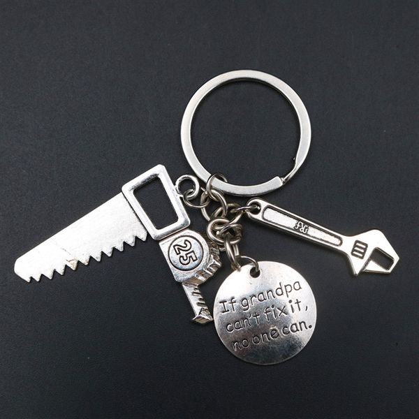 

1pc antique silver if grandpa can not fix it no one can charm hand saw && woodworking ruler keychain diy metal key chain