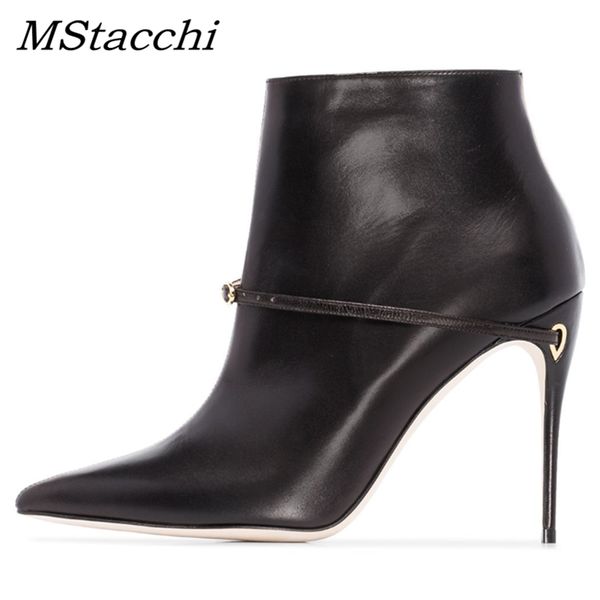

mstacchi women ankle boots for women side zipper two-tone pointed toe high heels shoes woman the buckle through the heels shoes, Black