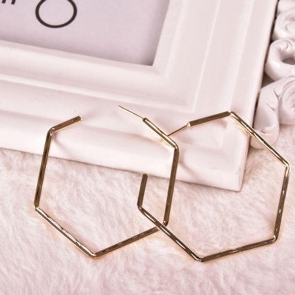 

fashion jewelry lady smooth punk hexagon large hoop earrings lady large geometric hollow hoop earrings gift, Golden;silver