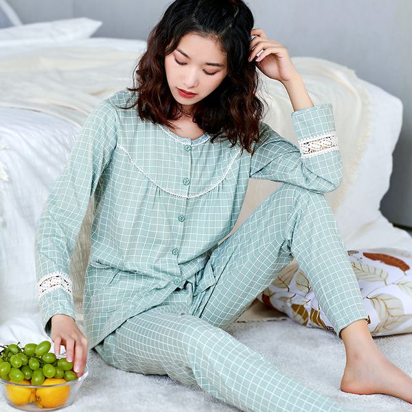 

plaid 100% cotton pajamas set women long sleeve button elastic-waist pure cotton night wear homewear pyjamas for spring autumn, Black;red