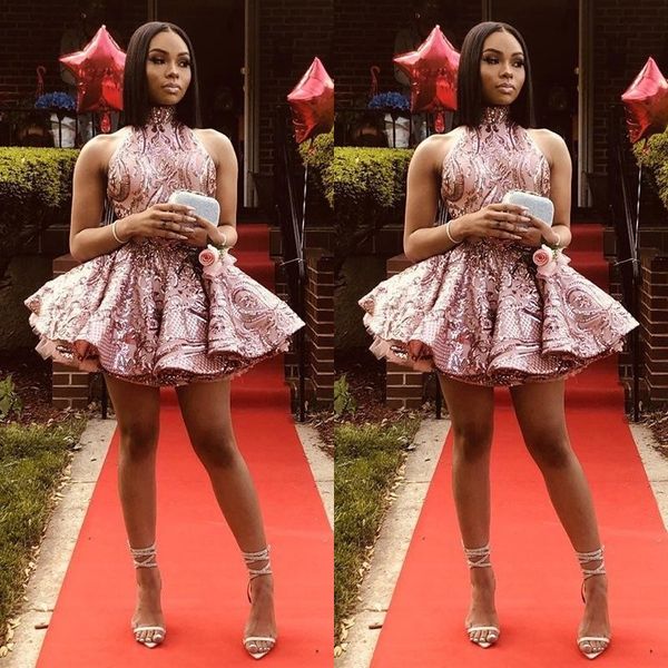 

pink halter mini homecoming dresses backless sequined cocktail party dress african girls club wear vestidos de graduacion, Blue;pink