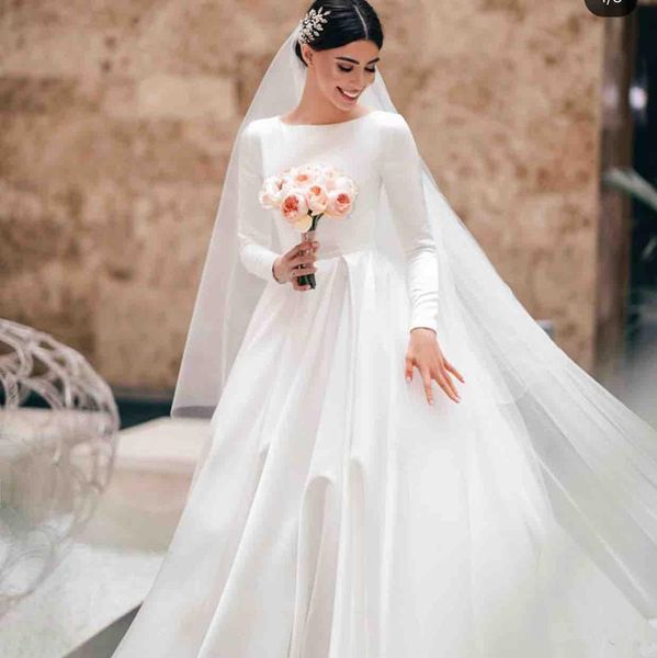 2019 novos modestos vestidos de noiva jóia do pescoço de cetim boho vestidos de noiva saudita árabe a line princesa mangas compridas vestido de noiva plus size
