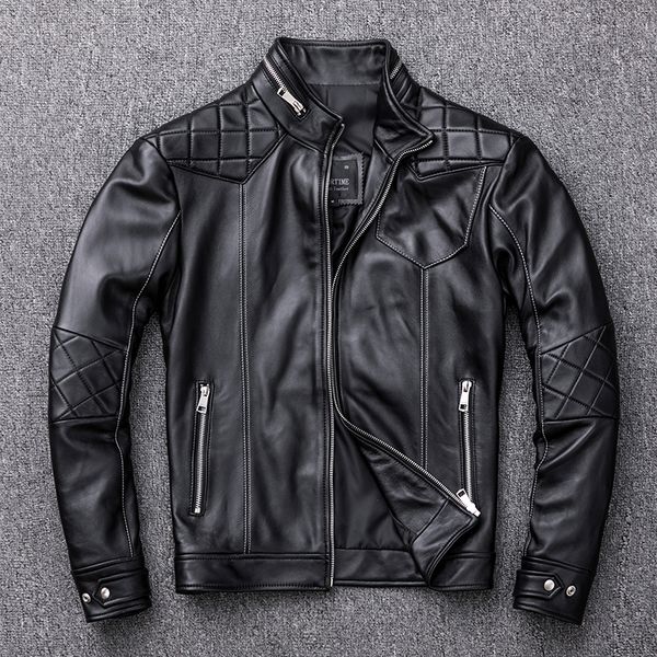 

2020 new fashion genuine leather jacket men short slim fit sheepskin black stand collar motorcycle biker leather coat
