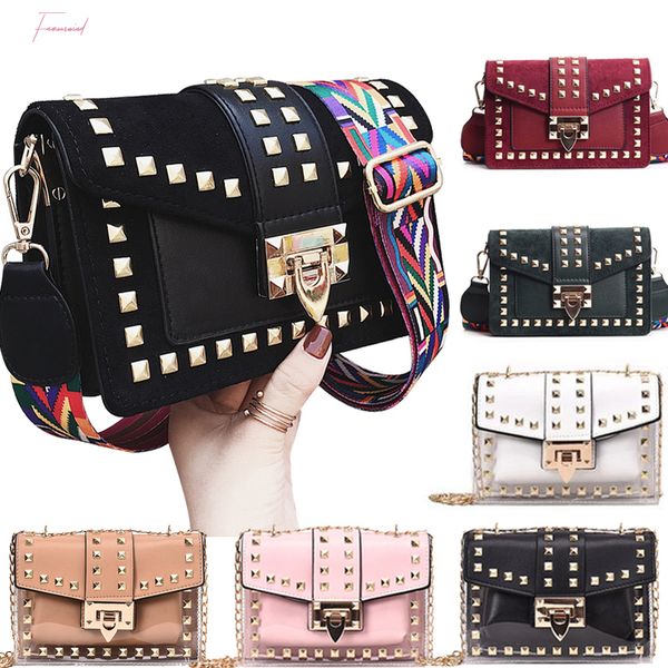 

small clear brand designer woman 2020 new fashion messenger bag shoulder bag velvet rivets transparent square pu handbag