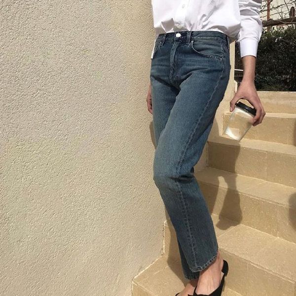 

ins ultra fire asymmetrically cut vintage straight nine-point jeans pants, Blue