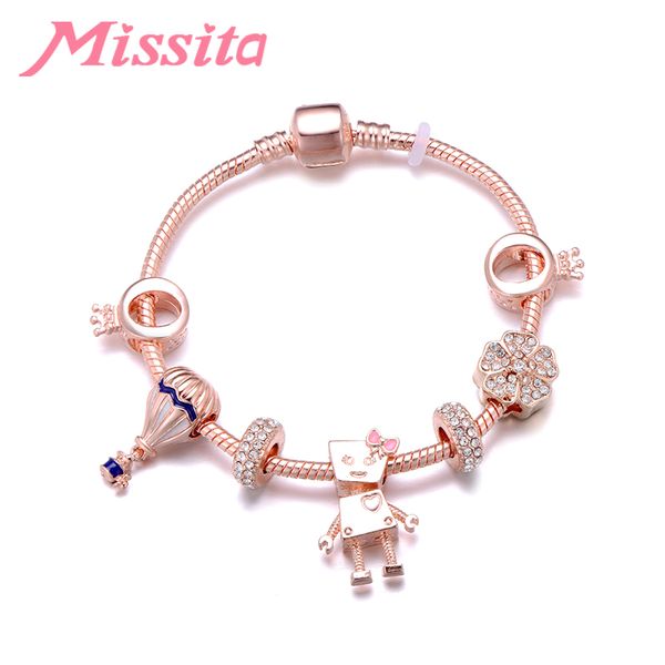 

missita 2019 new rose gold charm bracelet with bella robot beads bracelets for women anniversary brand gift dropshipping, Golden;silver