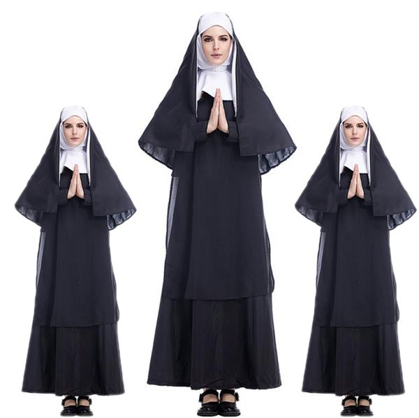 

designer costume black jesus christ womens full long sleeve missionary pastor maria priest nun service halloween wholesale, Black;red