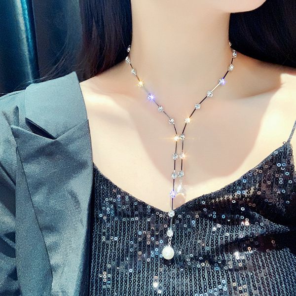 

2019 новая мода кристалл ожерелья длинные цепи жемчуг кулон ожерелья для женщин bijoux заявление колье ювелирные изделия подарки, Silver