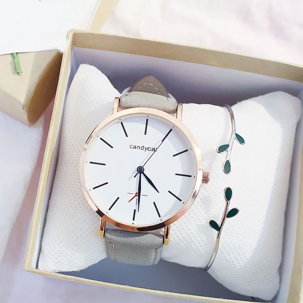 

fashionable pure and fresh leather quartz watch + leaf bracelet (2pcs/set) fashion versatile accessories lady watches, Slivery;brown