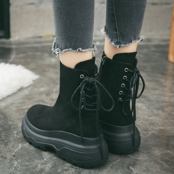 

swyivy back lacing high snow boots woman 2018 autumn winter new warm female casaul shoes platform short ankle snow boots, Black