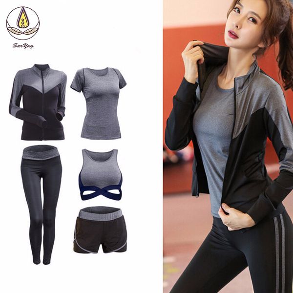 

new 5 pcs set cross bra t shirt jackets shorts leggings women yogaquick dry fitness gym workout sportswear clothing suit sets, White;red