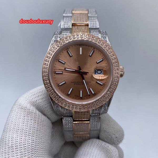 

bi-rose gold diamond fashion watch stainless steel men's fine watch champagne 37mm dial men's automatic mechanical calendar watch, Slivery;brown