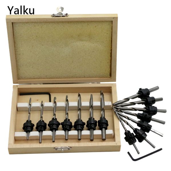 

yalku wood drilling bit set 5/8pcs twist drill bit set+mini wrench power tool countersink drill hss tool kit screw cap set