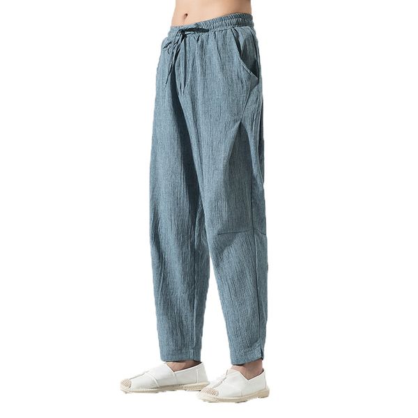 

flax men casual pants 2019 mens cotton linen trousers summer pants male solid elastic waist loose khaki plus size m-5xl, Black