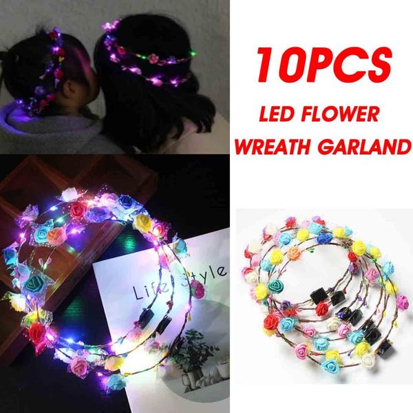 

10pcs colorful led light flower wreath garland birthday gifts holiday wedding party glowing vine headband wreath crown headdress