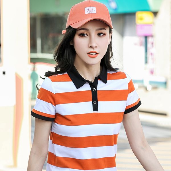 

baoliqi women's striped cotton half sleeve loose lapel polo shirt short sleeve collar t-shirt, White