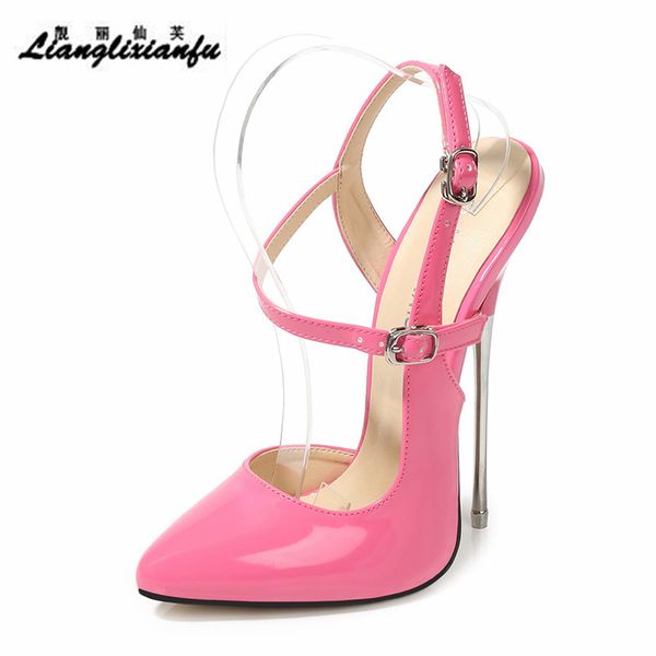 

llxf sandals ladies shoes woman 16cm thin high-heeled ankle strap pointed toe stiletto female wedding pumps sandalia feminina, Black