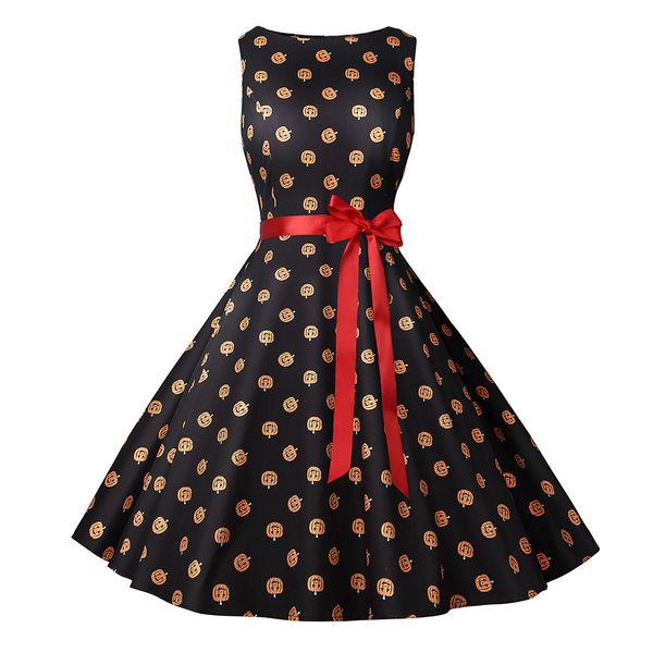 

womens saints day casual dresses fashion autumn pumpkin head print sashes womens dresses fashion females clothing, Black;gray