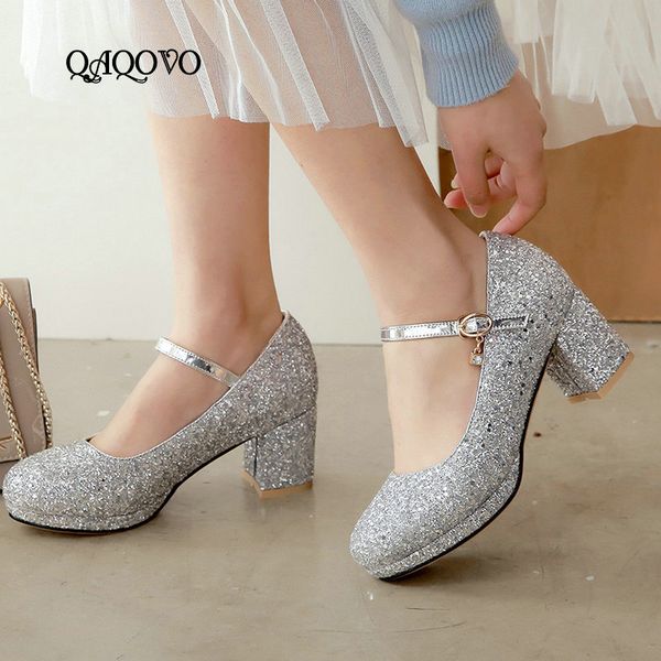 

2019 fashion sequined mary jane pumps women's platform thick high heels buckle party wedding shoes female gold silver red, Black