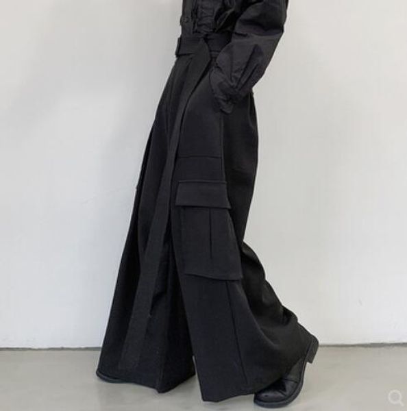 

27-44 2020 men fashion leisure belt pants three-dimensional pockets loose wide-legged straight trousers plus size costumes, Black