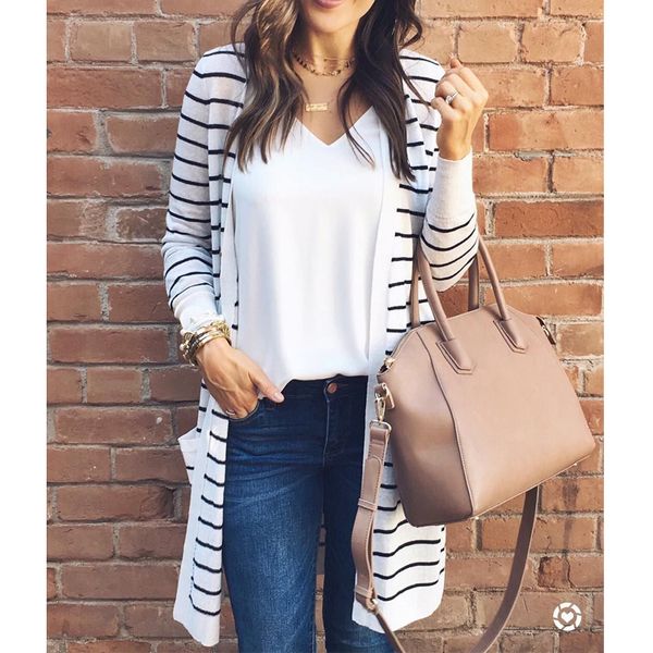 

fashion women long stripe knitted coat long sleeve open stitch jumper sweater cardigan outwear jacket coat, Black;brown