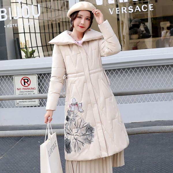 

women slim down long jacket winter turtleneck printing down cotton coat lace-up warm parkas snow outwear, Black