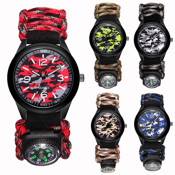 

sport watches for men wristwatch leather round dial camouflage weave band compass analog quartz wristwatch business reloj hombre, Slivery;brown