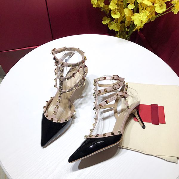 

designer pointed toe 3-strap with studs high heels patent leather rivets sandals women studded strappy dress shoes valentine high heel shoes, Black