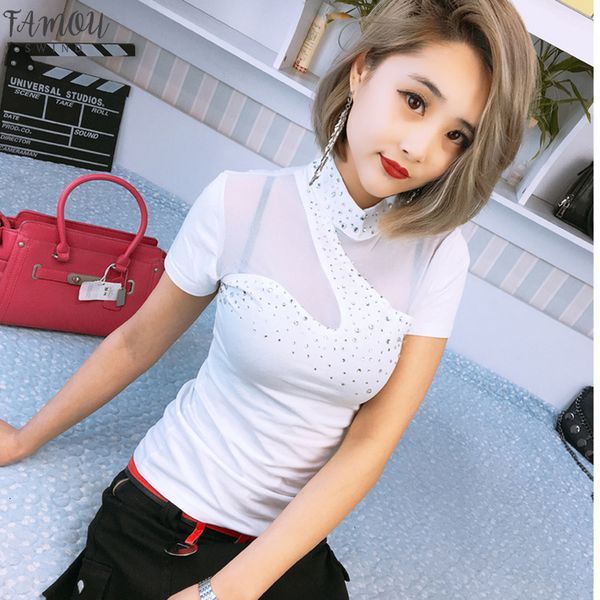 

алмазы тенниска женщины tshirt camisetas mujer verano 2020 лето лепесток рукава корейский сетки top tee shirt femme t shirt женщины смешные, White