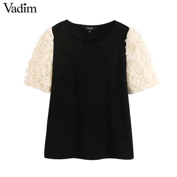 

vadim women lace patchwork short sleeve blouse stretchy design silm fit shirts female casual summer chic da641, White
