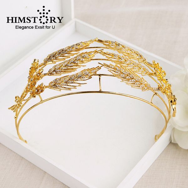 

himstory bling retro gold wheat leaves hair tiara crown zircon cubic copper bridal wedding party hair accessories headpiece, Golden;white
