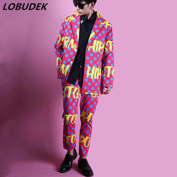 

korean style trendy men pink letter pattern loose blazers suit bar nightclub male singer concert stage suits rap hip hop costume, White;black