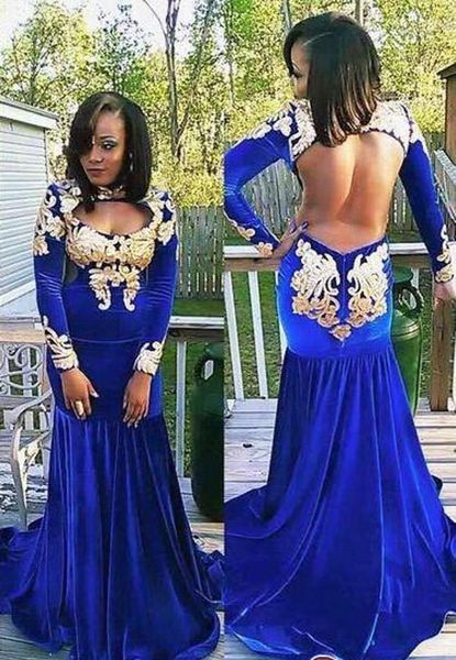 

latest high neck long sleeve royal blue african mermaid long evening dresses appliques formal evening gowns vestido de noite prom dresses, Black;red