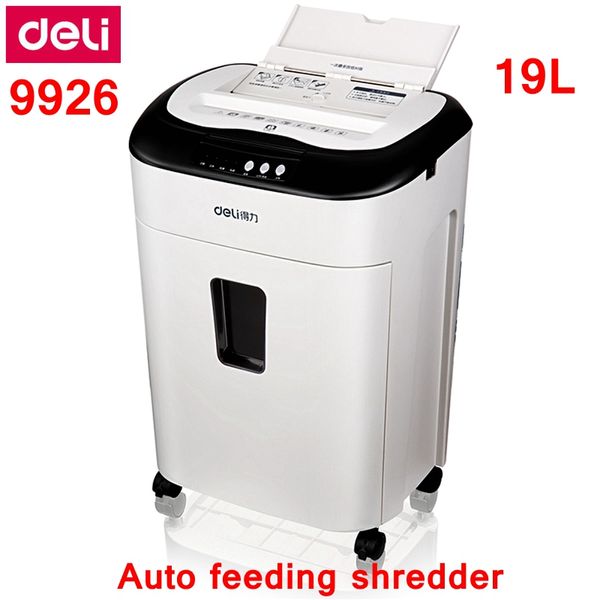 

deli 9926 auto feed paper shredder cross cut 19l volume 220v 50hz 180w auto shred 80 pieces 3x9mm security 5 cd cards shredder