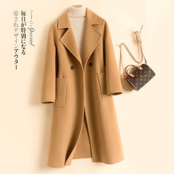 

elegant ladies 100% wool coat female vintage winter autumn cothes 2020 korean long woolen jacket women vintage blend coats 66221, Black