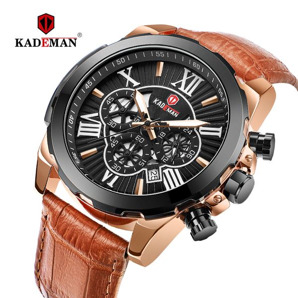 

2019 new sport chronograph men watches brand kademan casual leather waterproof date quartz watch man clock relogio masculino, Slivery;brown