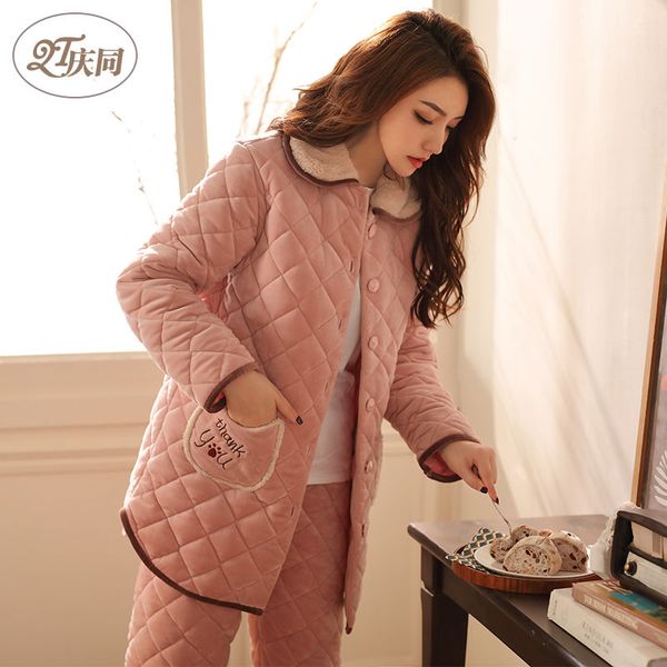 

celebrate womens sleepwear female winter coral velvet quilted three-layer thick warm-outer wear korean-style two-piece tracksuit autumn and, Blue;gray