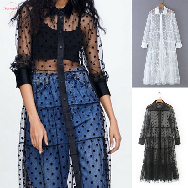 

autumn women summer see through long dress dot loose outside cover up sundress 2020 new, Black;gray