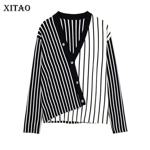 

xitao] women 2019 spring new korea striped patchwork asymmentrical casual loose cardigans full sleeve sweater coat dll2133, White;black