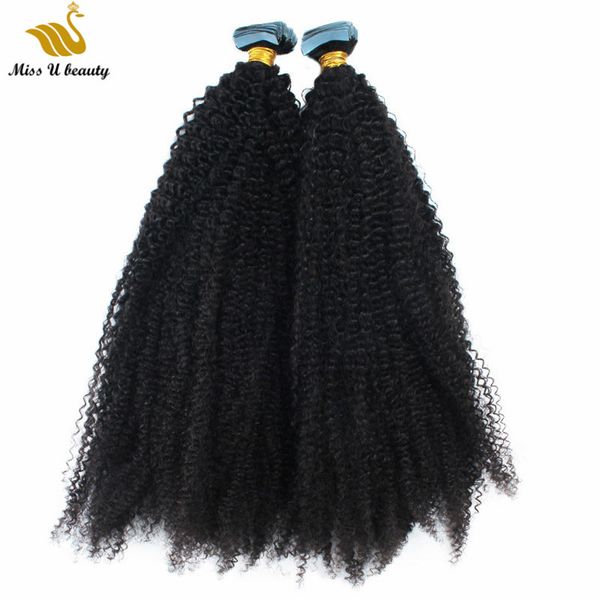 

afro curly kinky curly human hair bundles skin weft tape in hair extensions #1b black color pu hair