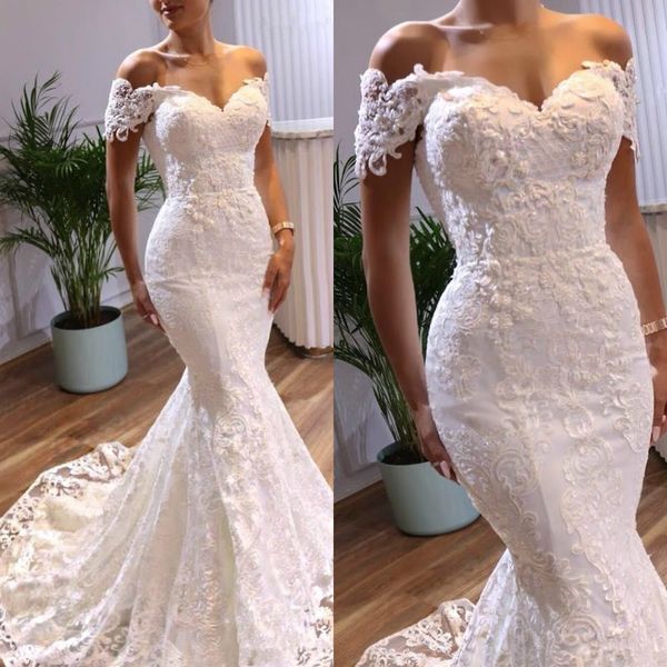 

mermaid arabic wedding dresses off the shoulder beaded lace bridal dress sweep train 2020 wedding gowns robes de soiree, White