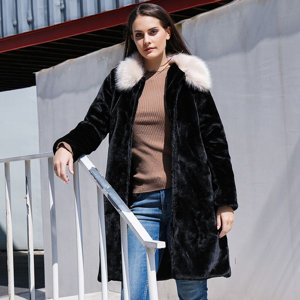 

women's lapel long trench coats autumn winter thick warm plush hairy outerwear elegant solid black faux fur streetwear jackets