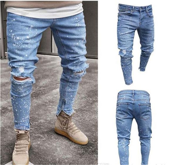 

mens designer dot jeans knee holes zipper hiphop pants pantalones spring autumn male clothing, Blue